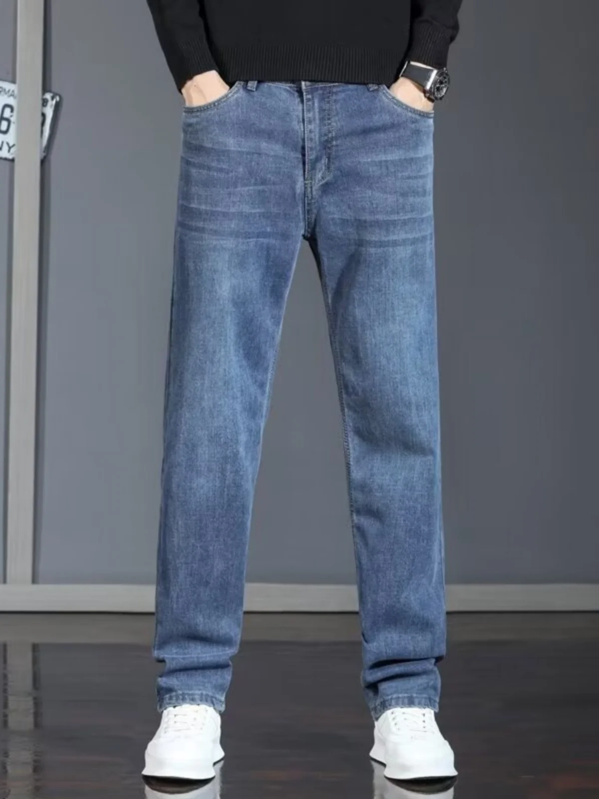 

Свободные прямые мужские джинсы, осенне-зимние новые джинсы, повседневные длинные брюки с высокой эластичностью, молодежные брюки