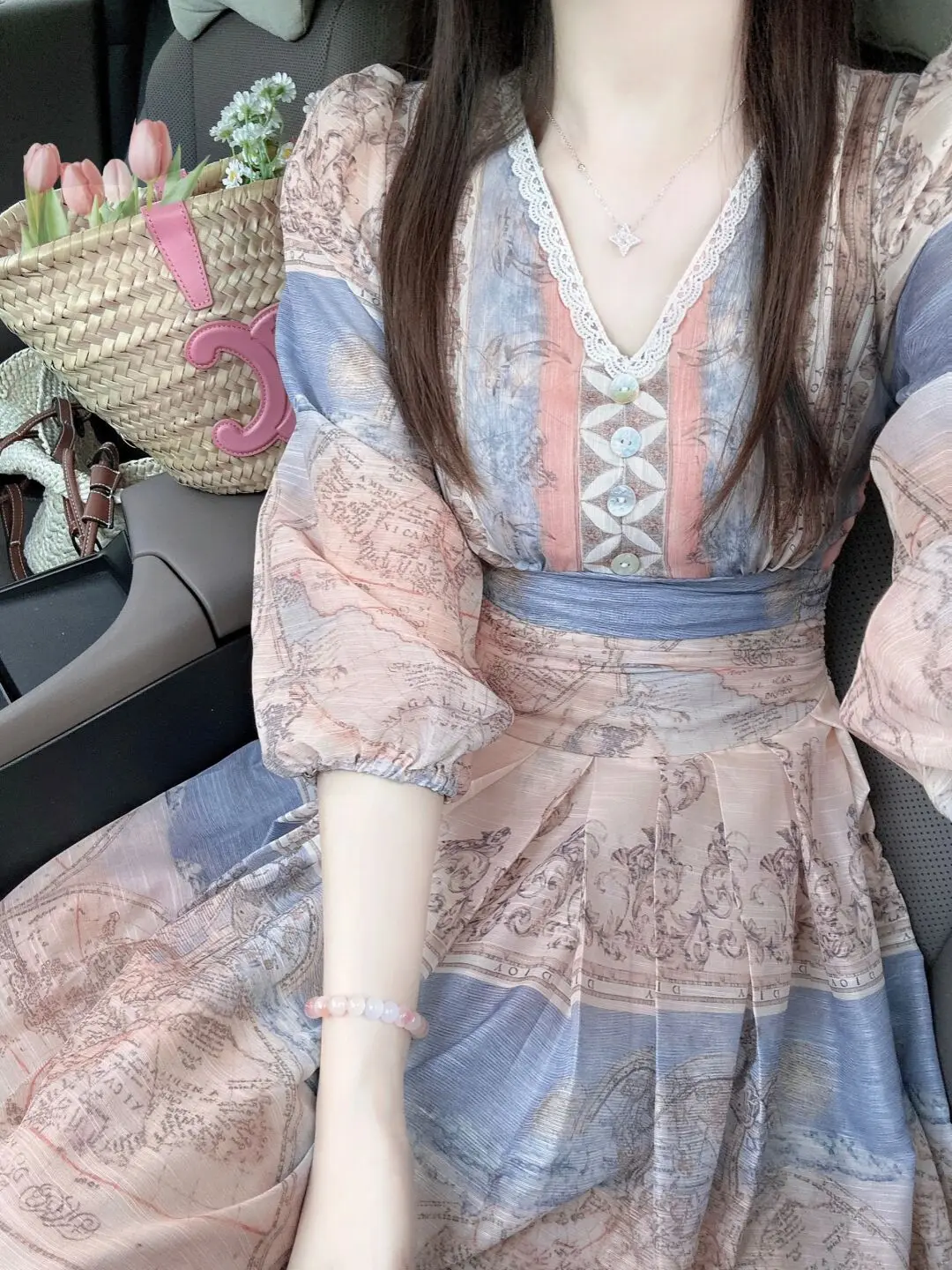 Romantique Ele ort pause thé vacances nautiques Sle Dr taille cintrée jupe Midi V Ne Polyester printemps automne Dr