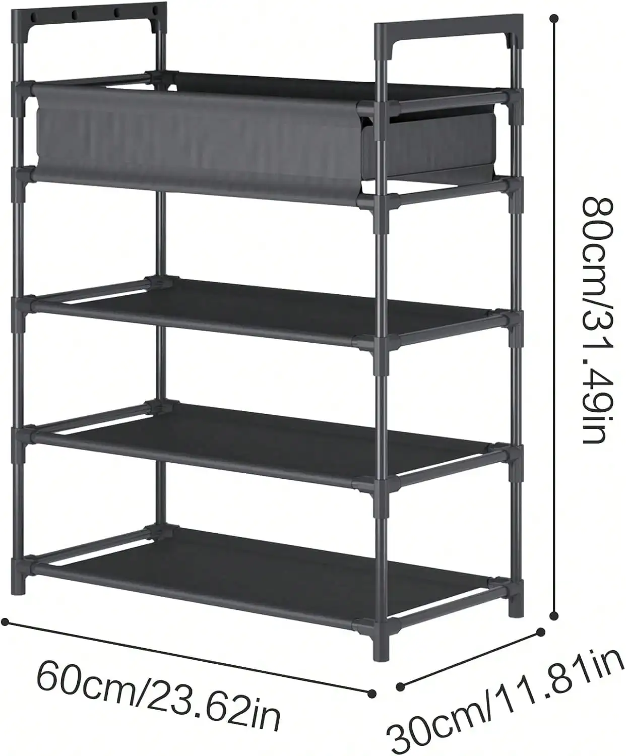 Rak Sepatu Bertingkat 4, Rak Sepatu Kokoh, Rak Sepatu Kain Non-Woven, Hitam