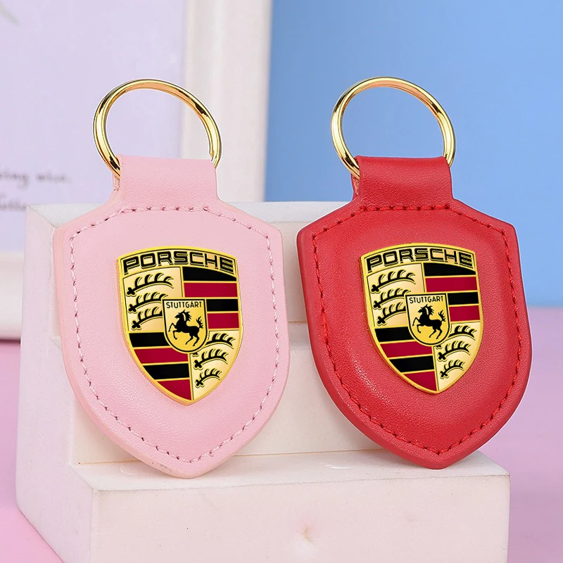 Leather Car Keychain Holder Shield Key Ring Chain Pendant Gifts For Porsche Macan 911 718 Taycan Panamera Cayenne Boxster Cayman