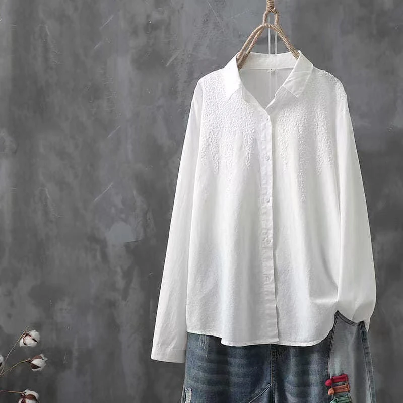 Cotton White Embroidered Long Sleeve Tops Women Shirt New 2024 lapels Buttons Casual Fashion Wild Blouse Female Clothes