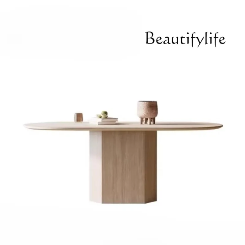 XX New Retro Travertine Stone Dining Table Oval Rectangular Rock Slab Table Designer Rock Slab Dining Table And Chair Combinatio