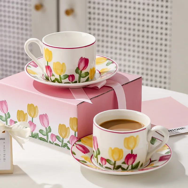 

Pink Tulip Ceramic Coffee Cup Set High Beauty Tea Cup and Saucer Afternoon Tea Mug Teaware Korean Style Romantic Exquisite Gift