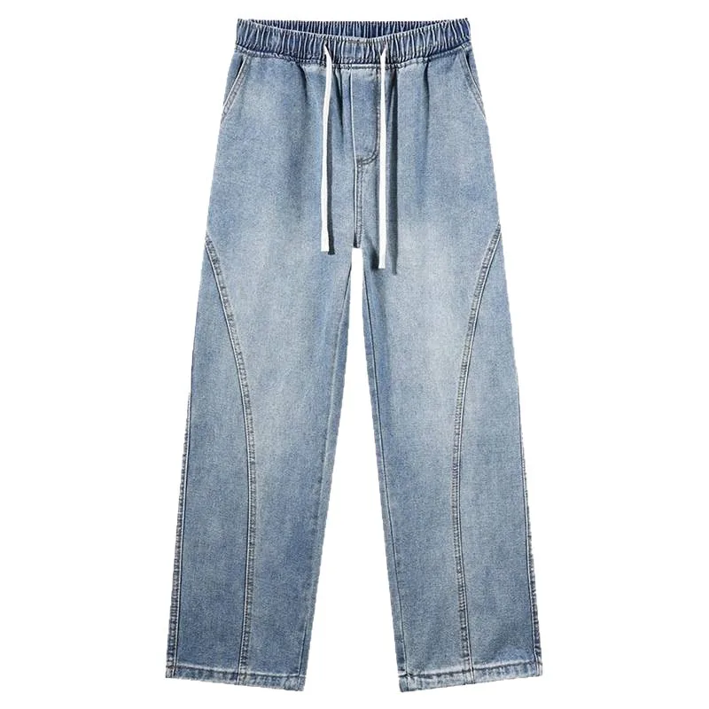 

Vintage Washed Straight Baggy Jeans for Men 2026 Fashion Drawstring Elastic Waist Y2K Streetwear Wide Leg Casual Denim Pants Man