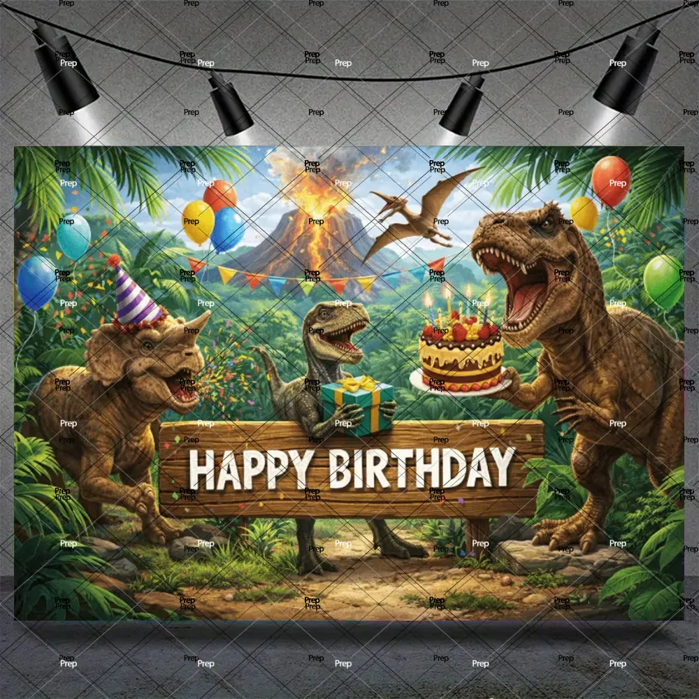 Alles Gute zum Geburtstag Dinosaurier-Hintergrund Kindergeburtstagsparty-Dekorationszubehör Dschungel-Dinosaurier Baby-Shower-Kulisse Fotokabinen-Requisiten