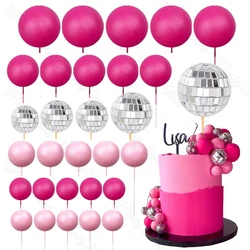 30Pcs Hot Pink Cake Balls Topper Baby Pink Silver Glitters Disco Balls Cake Toppers for Wedding Disco Birthday Cake Decor Supply