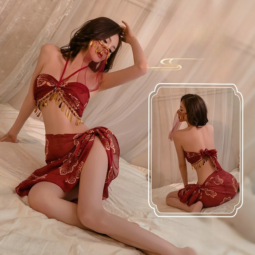 

Women Sexy Lingerie Dunhuang Flying Apsaras Dancing Maiden Exotic Style Hanfu Strapless Sexy Sleepwear See Through Erotic Set