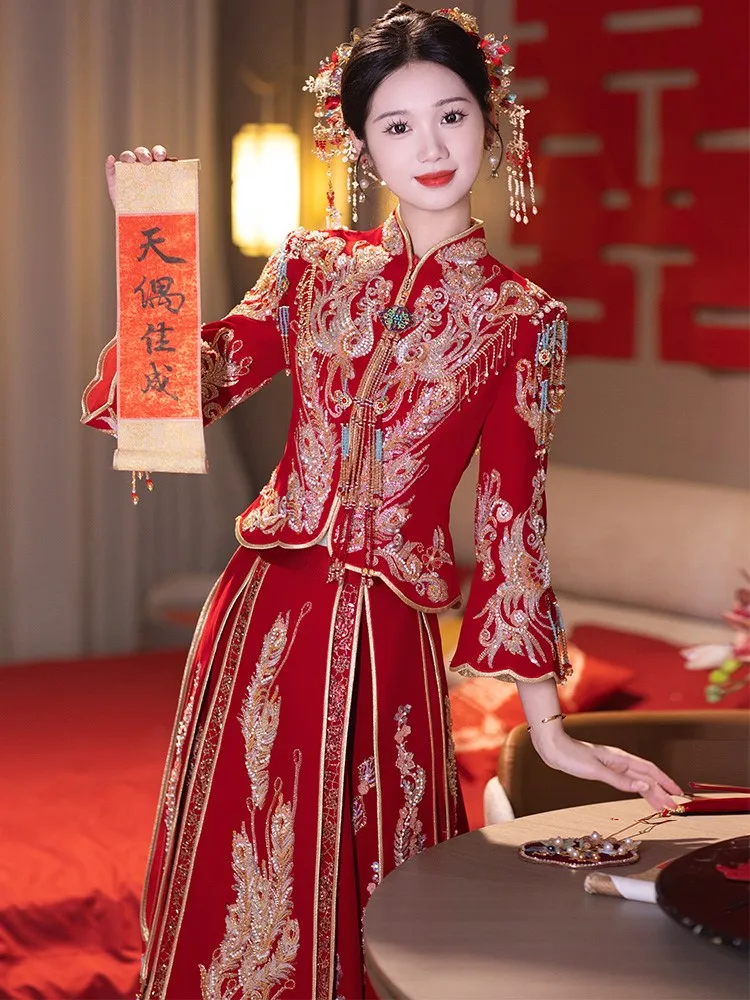 

Velvet wedding dress new for brides Chinese-style toasting and