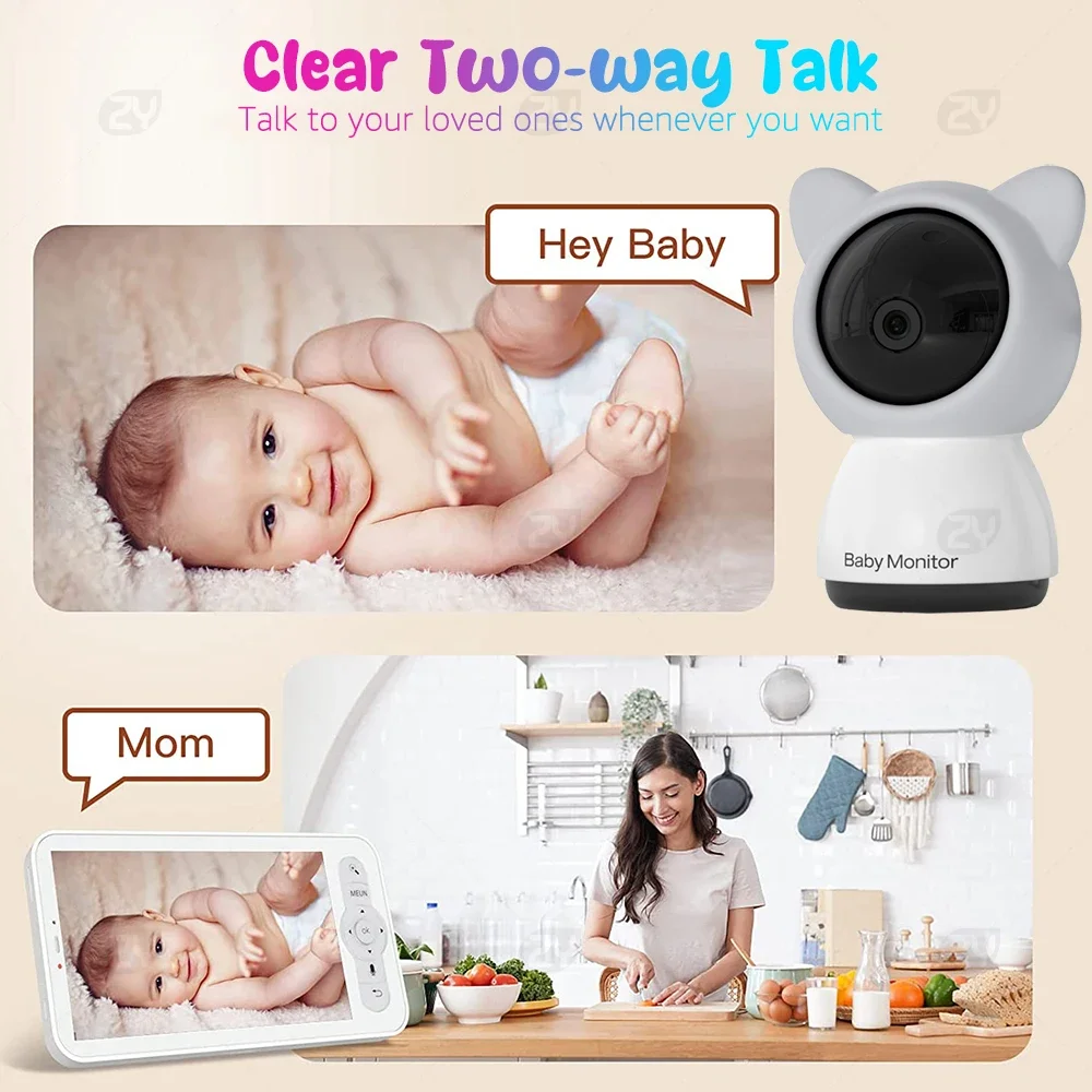 Baby Monitor Wifi da 5 pollici con App per telefono, Zoom 4X 1080P visione notturna conversazione a 2 vie Babyphone elettronico batteria da 3000mAh, Storag per scheda TF