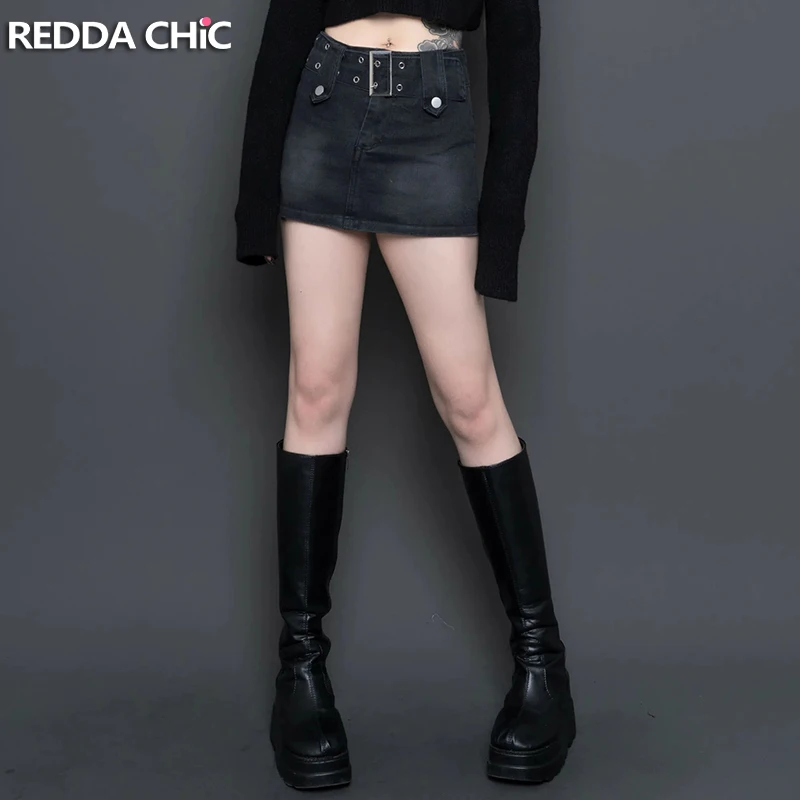 

ReddaChic Low Waist Belted Denim Mini Skirt Women Vintage Wash Black Lining Shorts A-line Jeans Skorts Punk Y2k Grayu Streetwear