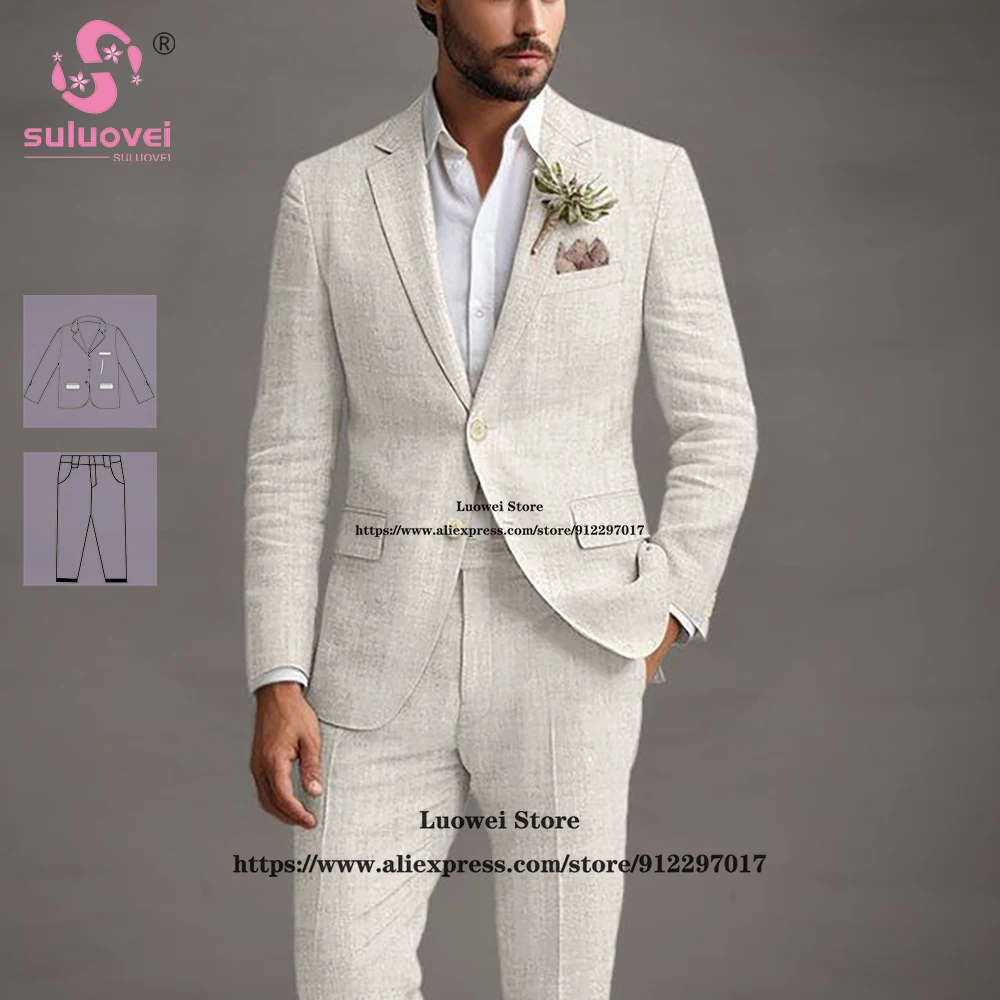 

Summer Casuel Linen Suits For Men Slim Fit 2 Piece Pants Set Formal Groom Wedding Notch Lapel Tuxedos Costume Homme Pour Mariage