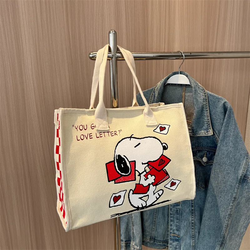 MINISO Disney Serie Snoopy Canvas Bag Women Cartoon Print Tote Bag Fashion Large Capacity Handheld Shoulder Bag Checkerboard Bag