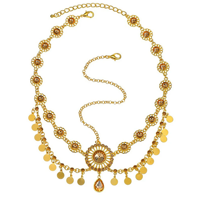 سلسلة رأس هندية للنساء عملات ذهبية اللون عربية شرابة الزفاف حجر الراين غطاء الرأس اكسسوارات الزفاف