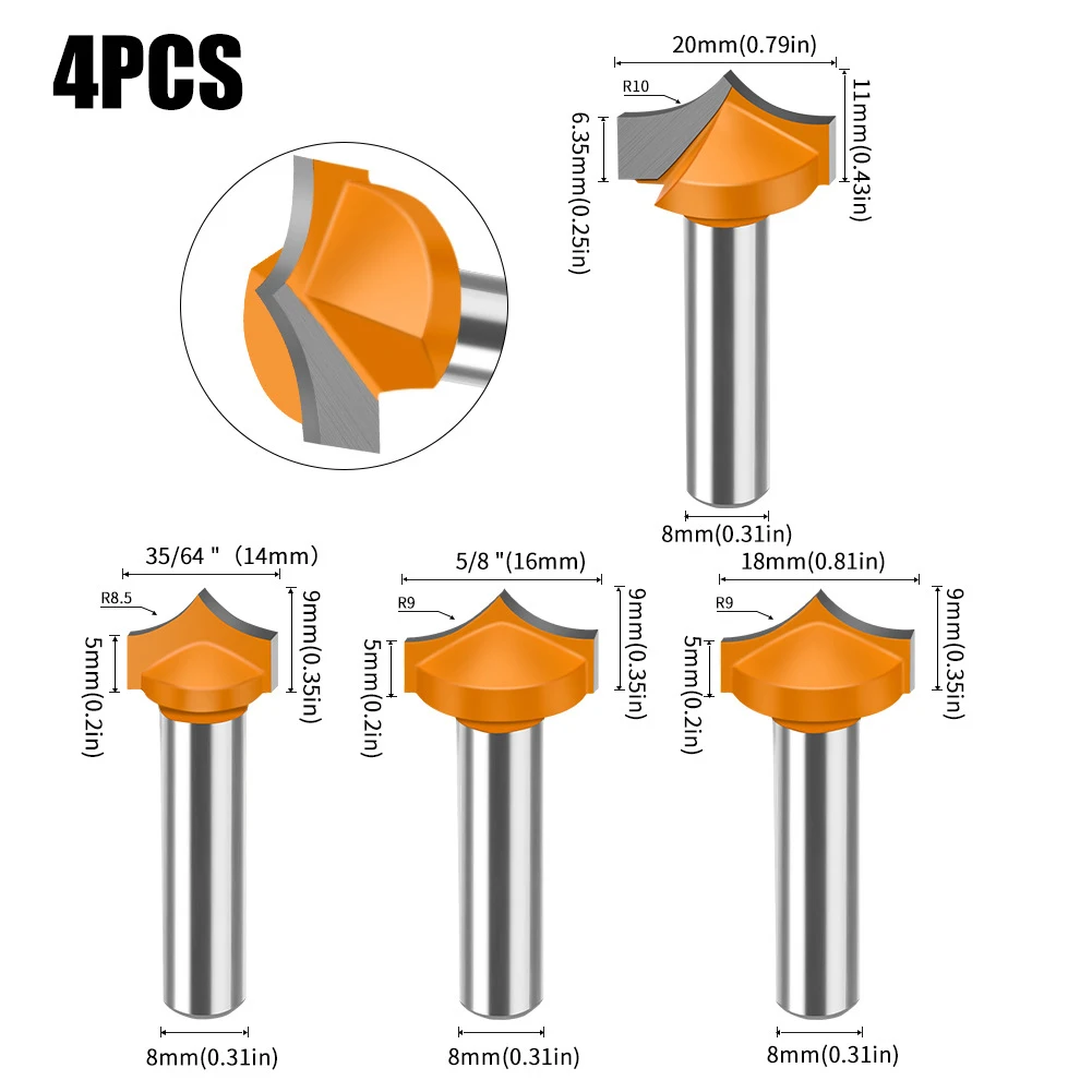 

4Pcs 2 Flute Milling Cutter Woodworking Tools Router Bit For Wood Carbide Trimming Milling Cutter 8mm Shank Engraving Router Bit