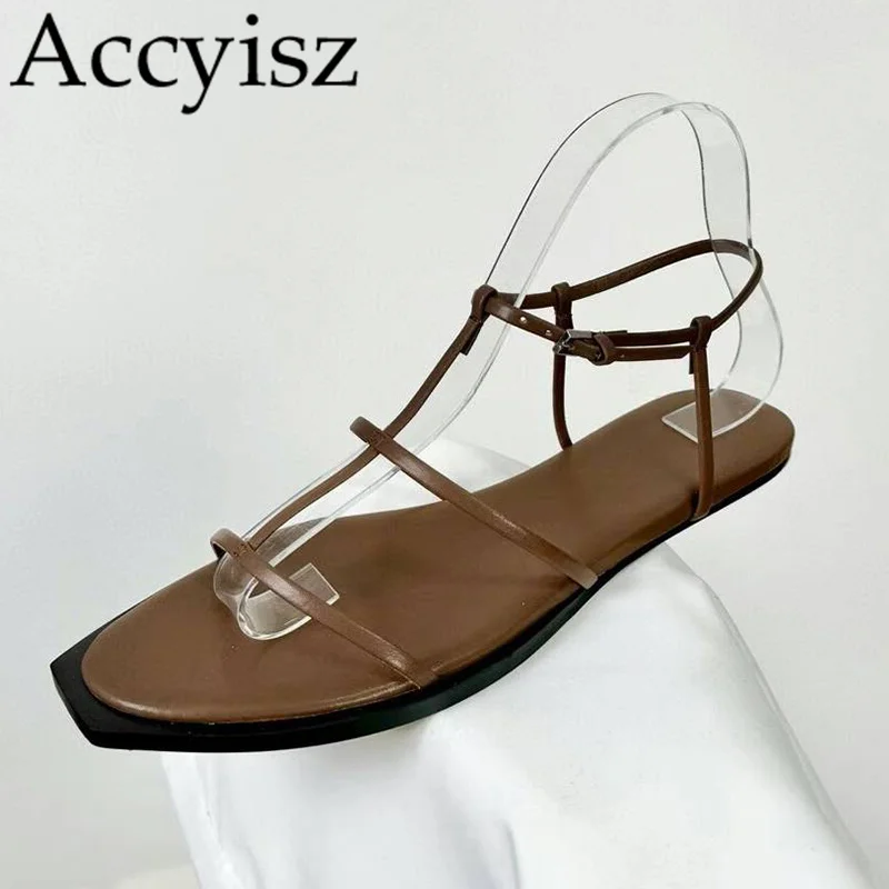 

Genuine Leather Narrow Band Ankle Strap Sandals Women's Flat Bottomed Hollow Out Roman Shoes Summer Daily Casual Versatile Shoes