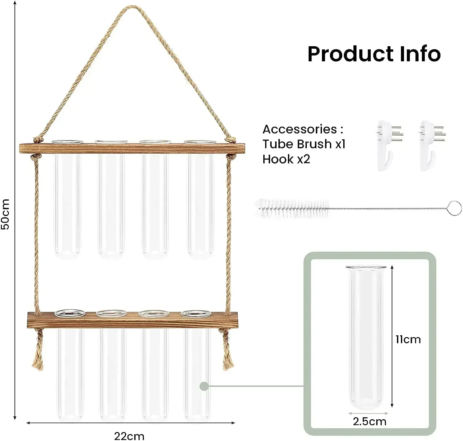 Glass Planter Plant Vase with Wooden Stand and Strings Rope, Wall Hanging Test Tube, Plant Terrarium, 2 Layer