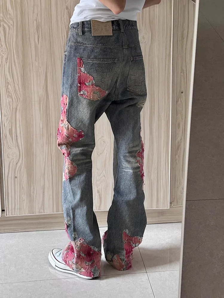 

Rose Lace Straight Leg Jeans Men's Slim Fit Clean Fit Long Pants Spring Autumn American High Street Vibe Style Youth Fashion