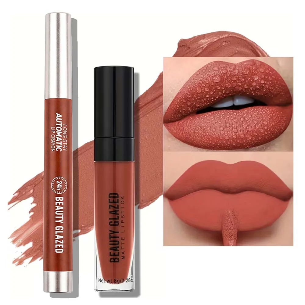2pcs Lip Duo: Matte Lipstick & Lip Glow. Transfer-Resistant, Long-Wearing Lip Kit Perfect For Daily Commute, Dates & Effortless