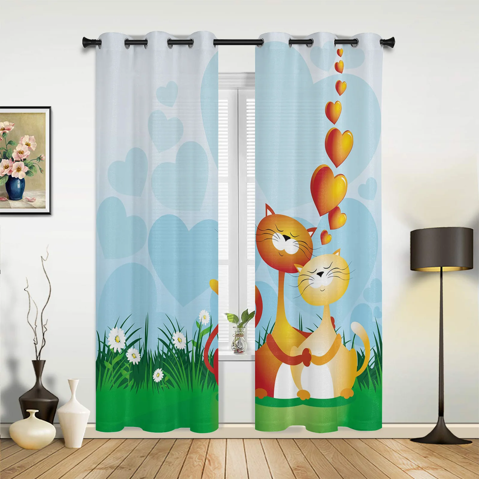 Cat Love Grass Cartoon Window Curtains In The Living Room Kitchen Window Curtain Hotel Open Drapes Printed Window for Bedroom