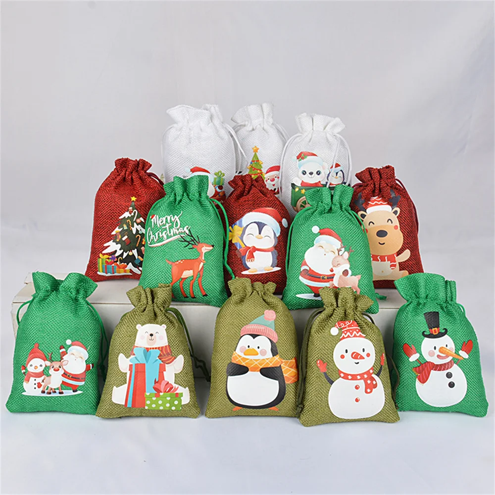 1pcs Gingerbread Man Gift Bags Linen Cotton Drawstring Candy Bags Christmas New Year Holiday Packing Storage Bags Party Favor