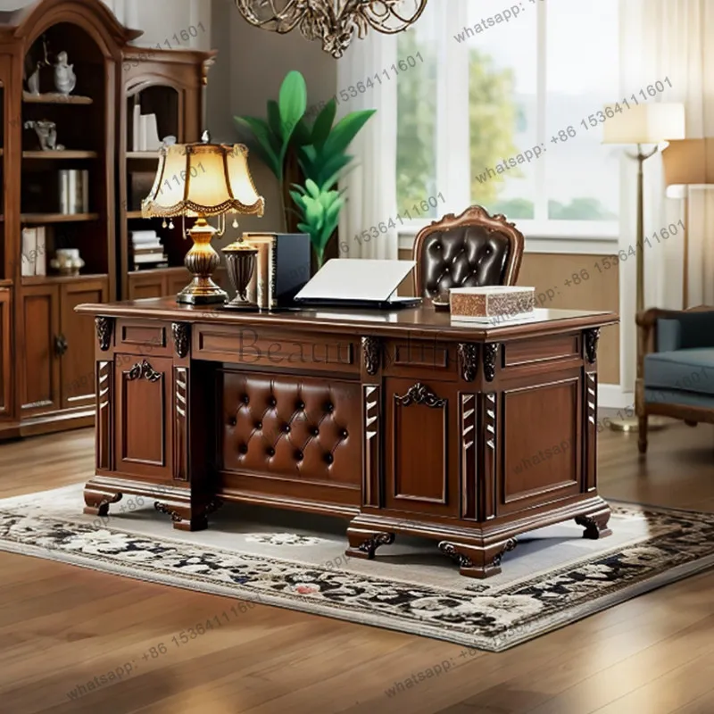 American solid wood desk luxury carved European retro office boss desk computer desk