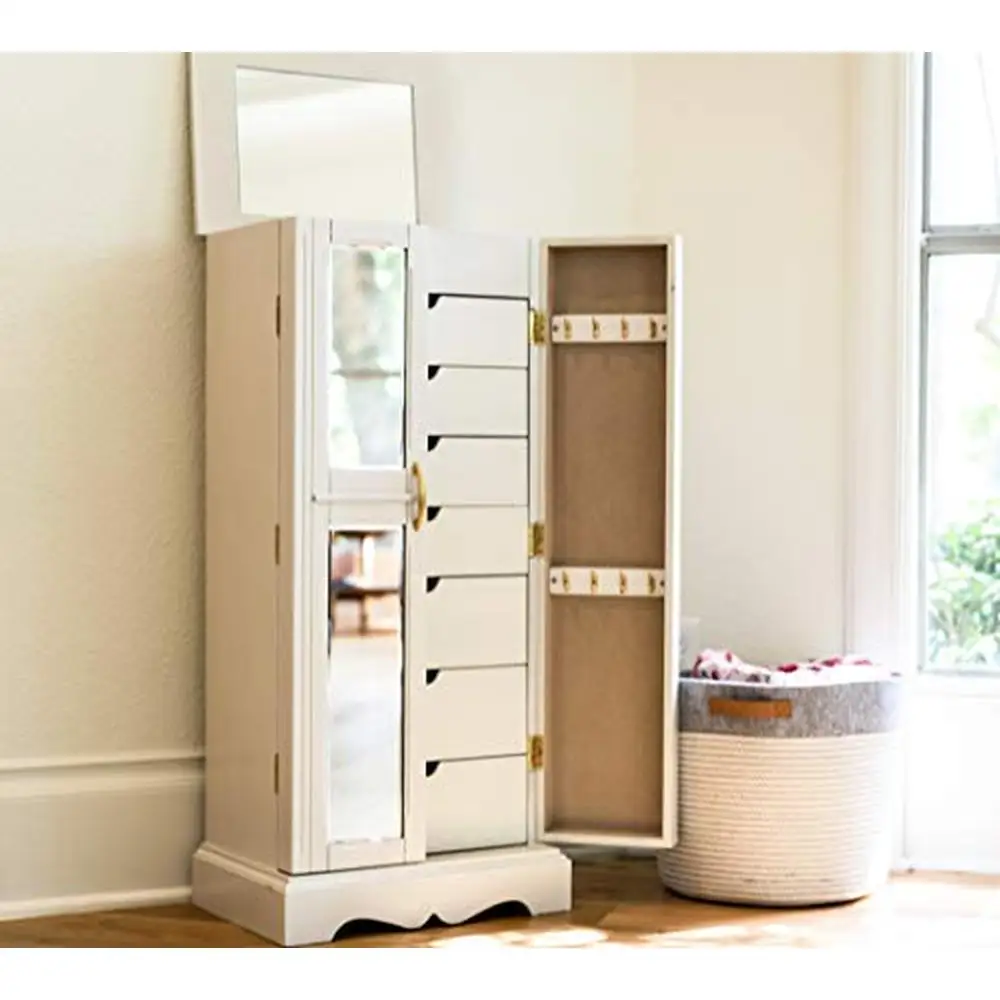 White Jewelry Armoire with Mirrored French Doors 7 Drawers 8 Necklace Hooks Vanity Mirror Cord Management Anti-Tarnish Lining