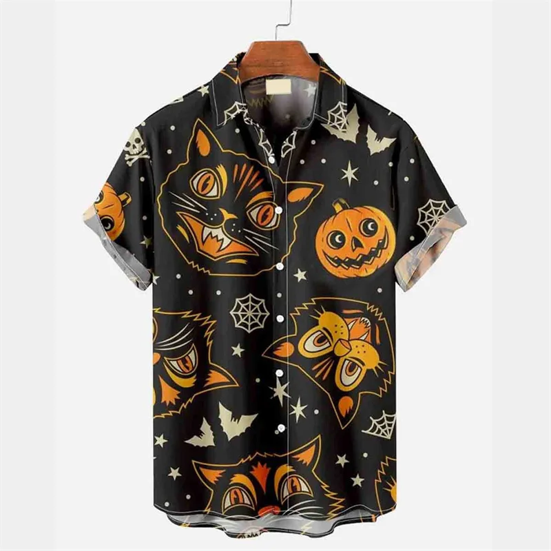 Halloween Party Graphic Hawaiian Shirt For Men Horror Cat Pumpkin 3D Printed Aloha Shirts Holiday Short Sleeve Lapel Tops Blouse