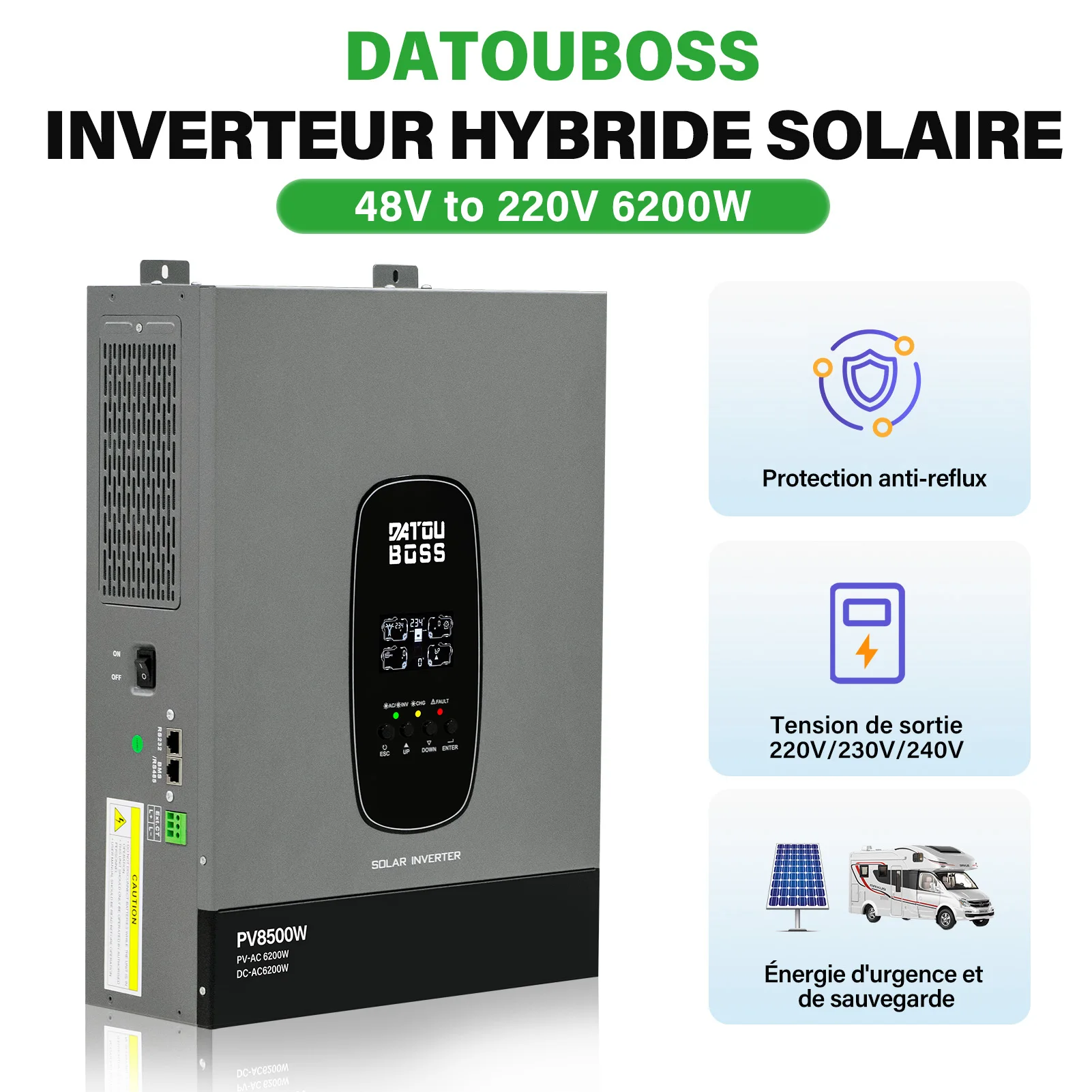 Onduleur solaire hybride DATOUBOSS 1,8 kW-12 V, 3 kW-24 V, 6200 W-48 V, 12 V/24 V/48 V vers 220 V, onde sinusoïdale pure, pour alimentation de secours domestique, prise en charge de la connexion parallèle