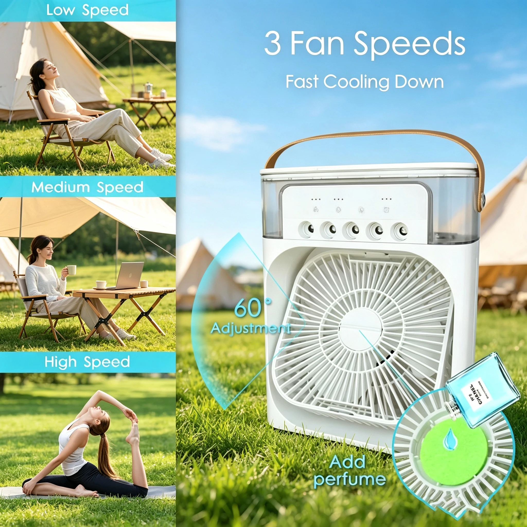 3 in 1 에어컨 팬, 태양열 미스트 야외 캠핑 팬, - Outdoor Camping Misting Fan 리뷰 및 가격