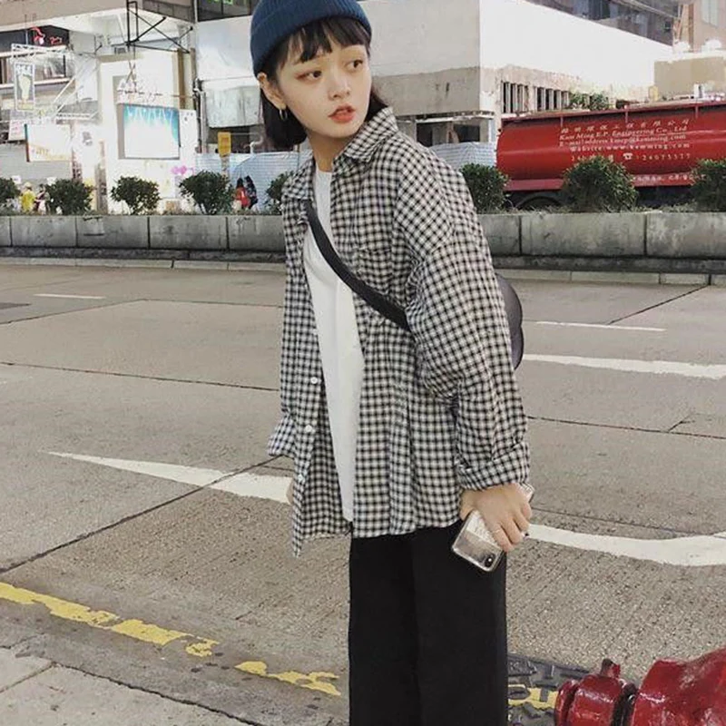 Rimocy Japanese Style Women\'s Plaid Shirt Long Sleeve Lapel Button-Up Loose Blouse Woman Harajuku Streetwear Oversize Shirts