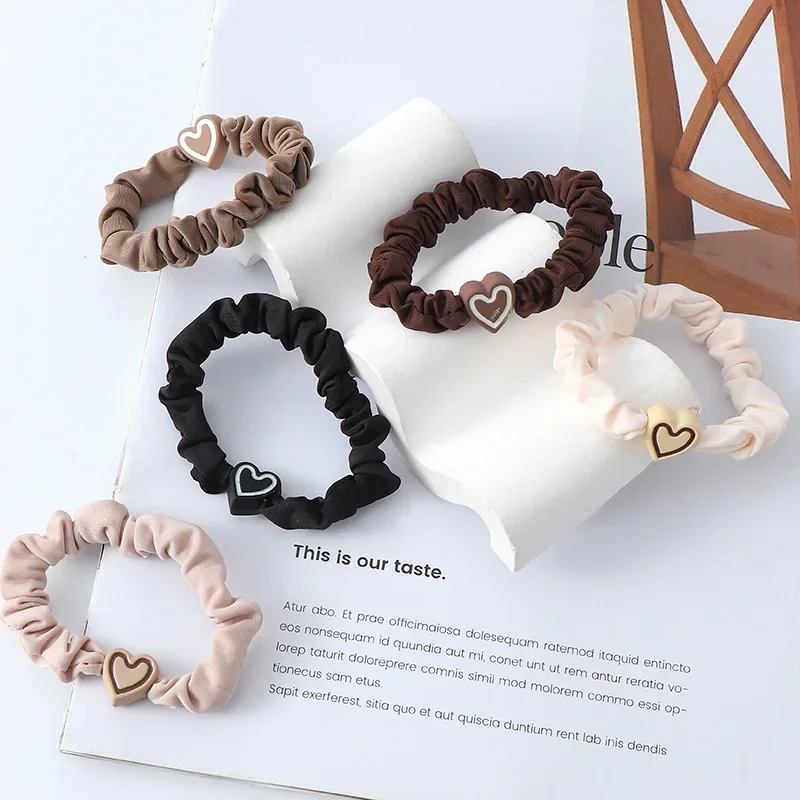 1pc Color Heart Charms Scrunchies Women Girls Large Intestine Hair Ropes  Black White Ring Elastic Ponytail Holders Rubber Band