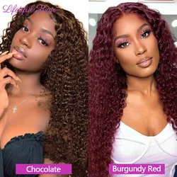 Perruque Brésilienne Naturelle Ondulée, Cheveux Humains, Brun Chocolat, Bordeaux, 13x6 HD, 30 Pouces