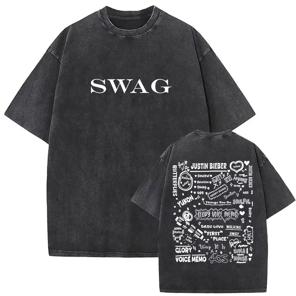 T-shirts vintage délavés Justin Bieber SWAG Album 2026 pour hommes, style streetwear hip-hop, manche