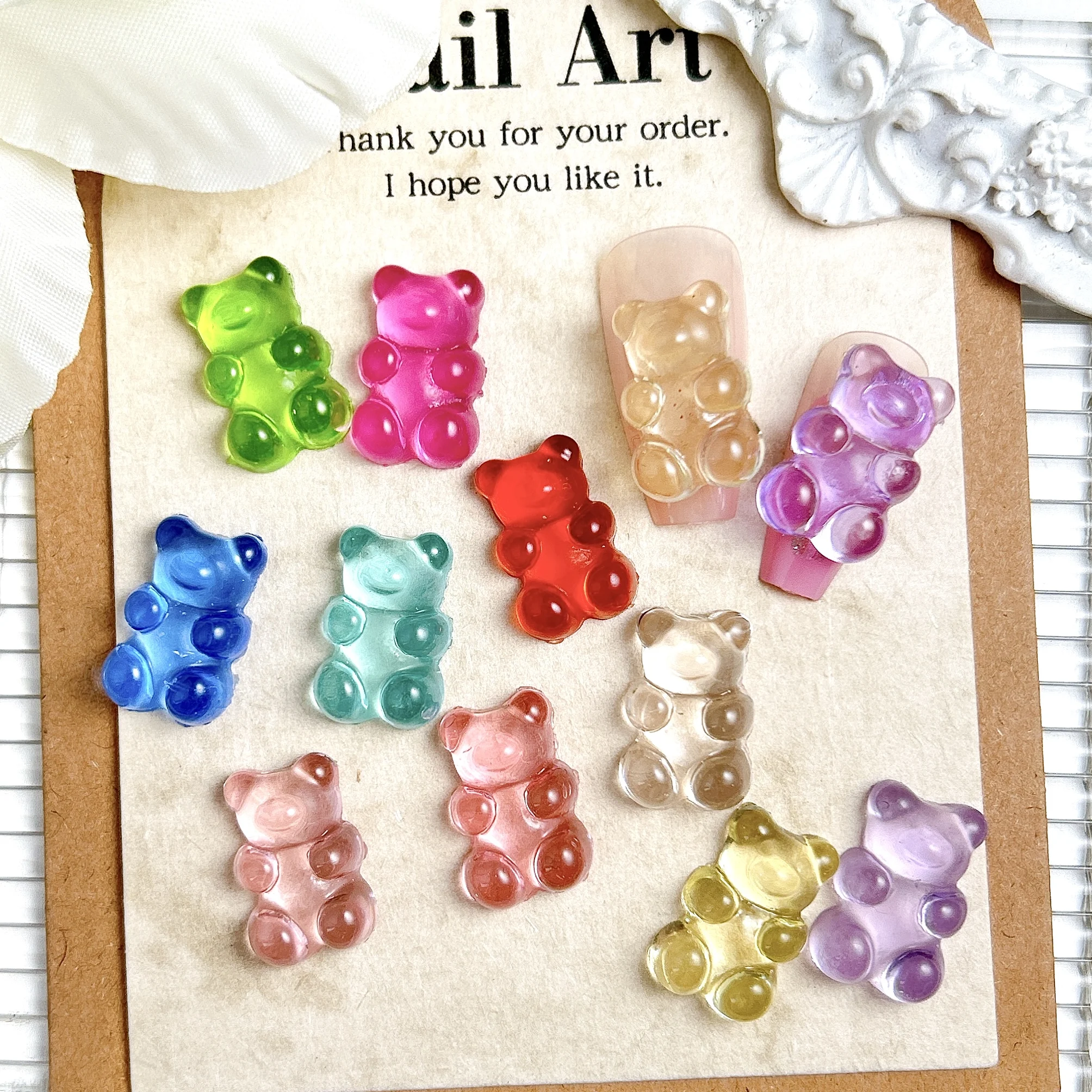 20Pcs Transparent Colorful Bears Resin Nail Art Decorations 3D Simulated Gummy Bears Nail Charms Accessories Handmade DIY Crafts
