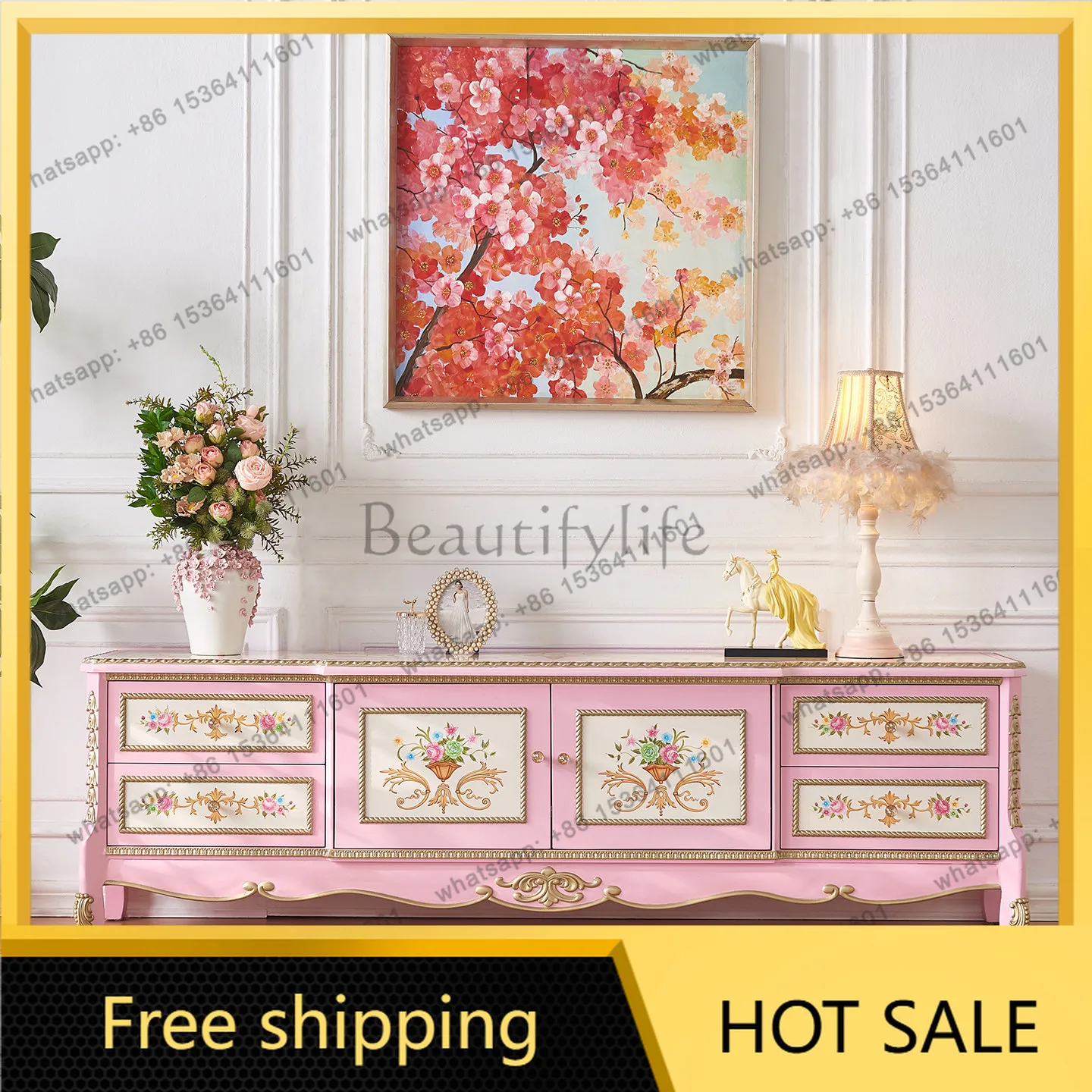 FG princess French court cream style pink all solid wood living room high-end floor cabinet
