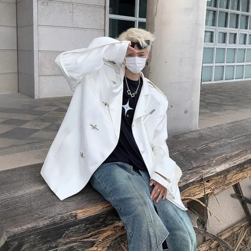 

American Sle Jaet Deconstructed Vintage oulder Padded Metal Bule White Streetwear Loose Fit Non-Ironed Proced