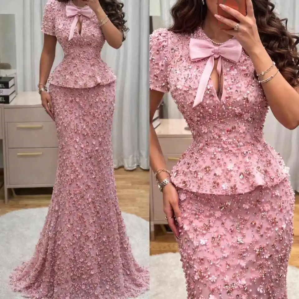Vestidos de fiesta de noche de cristal rosa, vestido de fiesta de encaje sin mangas estilo sirena, apliques completos, largo hasta el suelo, Vestido De Noite personalizado