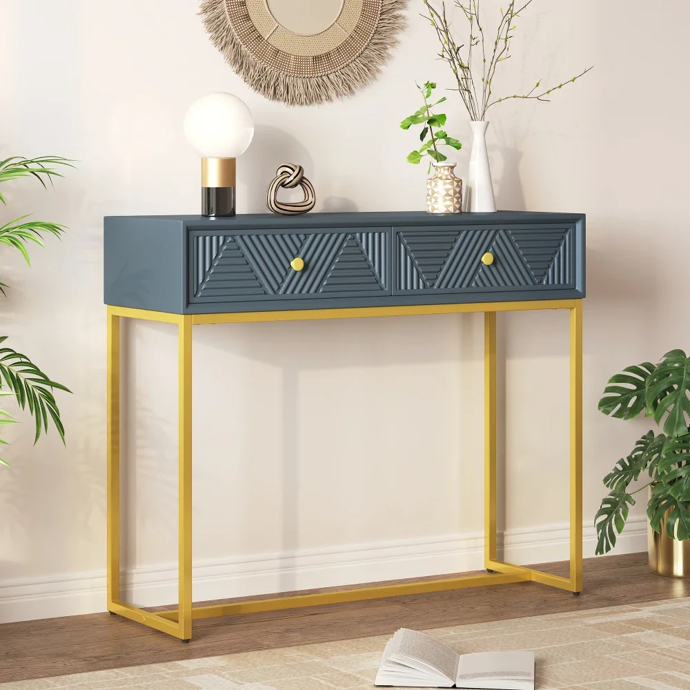 

Console Table Entryway Table, Modern Sleek Console Table with Storage, Narrow Console Table with Two Drawers with Stripe Design