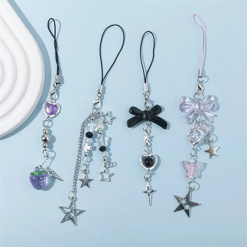 4pcs/set Resin Mobile Phone Chain Star Grape Bowknot Pendant Phone Chain  Lanyard Cellphone Hanging Rope Jewelry Gifts