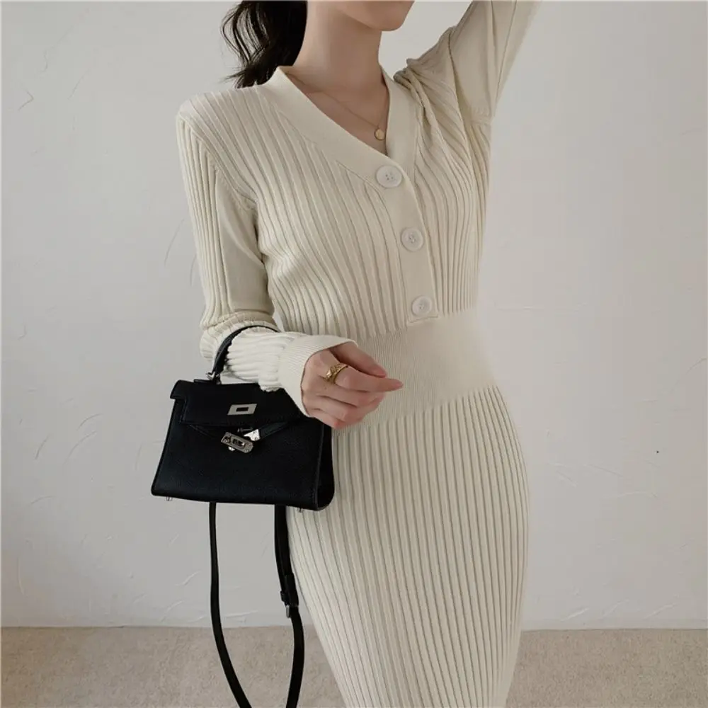 Korean Style Winter Knit Warm Long Dress V-neck Warm Sexy Slim Sweater Dress Bottom Wrap Dress Comfortable