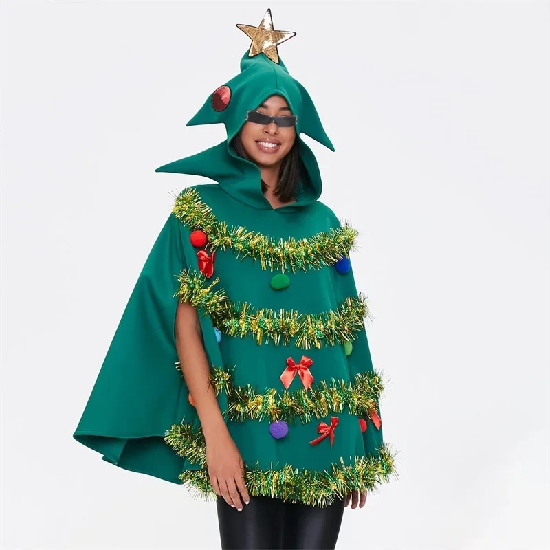 Christmas Tree Poncho Costume Adults Women Men Bow Ball Decor Hooded Cloak Cape Party Prop for Cosplay Party Role-Playing