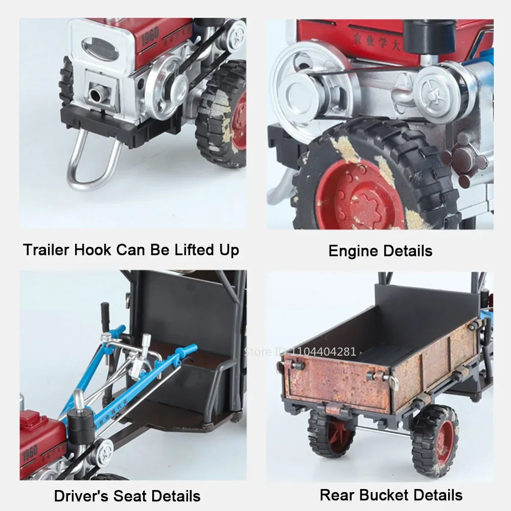 รถไถเดินตามแบบย้อนยุค 1:32 ของเล่นรถโมเดลโลหะผสมหล่อขึ้นรูป มีเสียง มีไฟ ฟังก์ชั่นปรับแต่ง ของขวัญวันเกิดสำหรับเด็ก