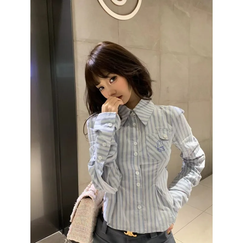 QWEEK Korean Style Y2k Striped Shirts Long Sleeve Casual Youth Women's Blouse Harajuku Office Vintage Button Up Clothes Autumn