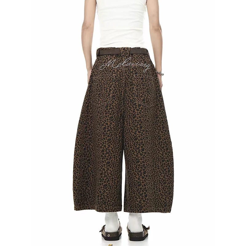 

ZHIZOU Summer Women American Retro Leopard Cargo Jeans Shorts Y2K 2000s Harajuku Denim Calf-Length Pants Streetwear High Street