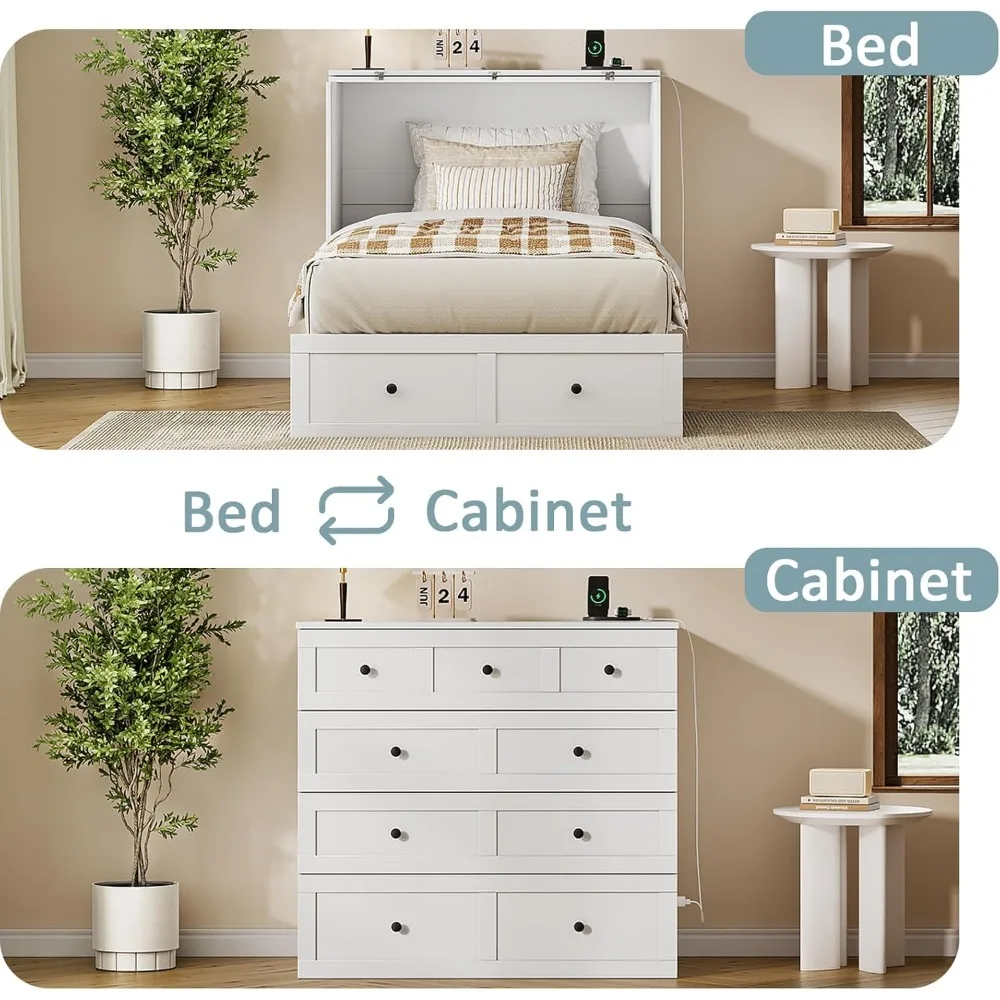 سرير توأم ميرفي مع قاعدة شحن مدمجة، سرير ميرفي موفر للمساحة مع درج، قابل للطي، لضيوف المكتب المنزلي