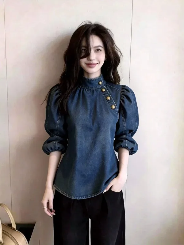 

plus Size 300 Pounds Women's Casual Stand Collar Denim Shirt Summer Loose Fit Five Sleeve Breathable Comfortable Fashionable