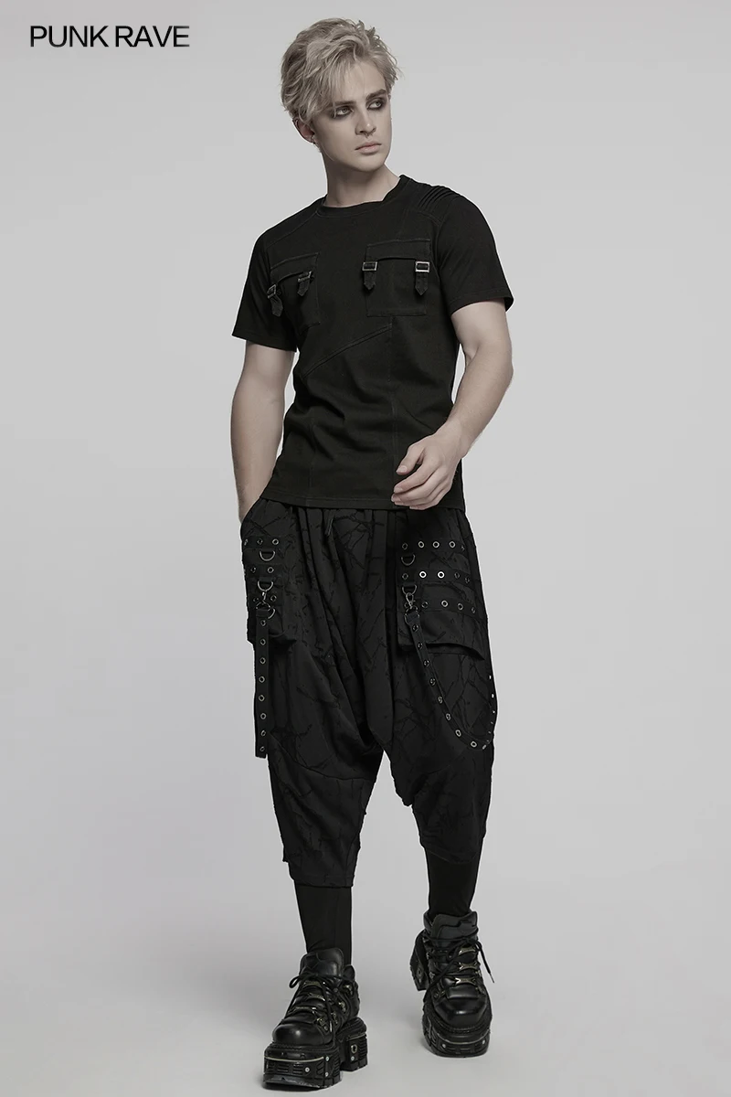 

PUNK RAVE Men's Dark Punk Simple Loose T-shirt Single Shoulder 3D Pleating Personalized Pocket Design Handsome Cool Tops