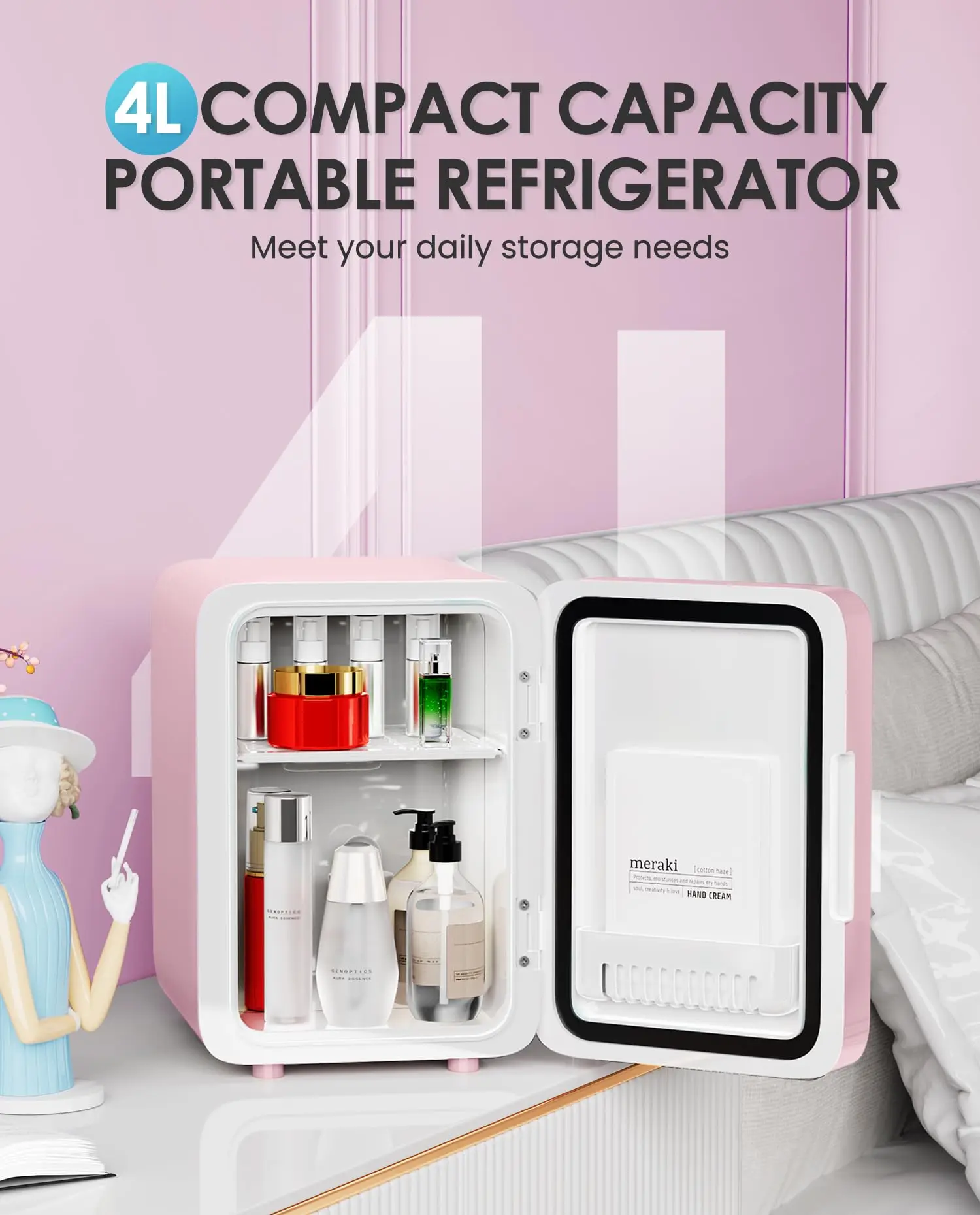 Skincare Fridge With Dimmable LED Light Mirror 4L Makeup Mini Fridge for Bedroom, Car, Office Portable Small Refrigerator