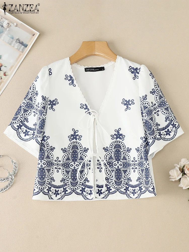 

ZANZEA V-Neck Casual Shirts Woman Embroidery Tie-Front Day Wear Cardigan Tops Short Sleeve Lace Trim 2025 Summer Short Blouses