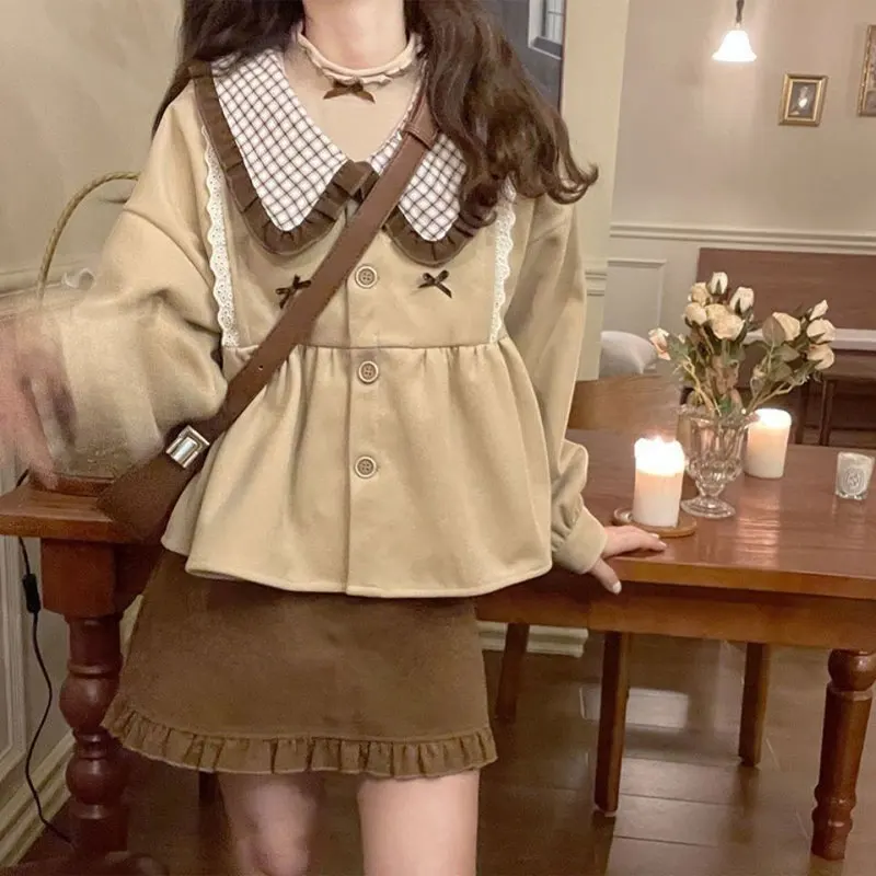 Japan Style Doll Collar Dress Sets Spring Autumn Loose Plaid Patchwork Women\'s Clothing Vintage Lace Sweet Bow Matching Sets New